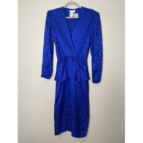 Dresses & Skirts - VTG 80s Blue Jacquard Sateen Peplum Waist Midi Dress Women 7/8 Hong Kong